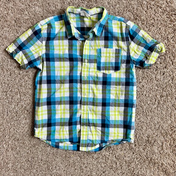 Boys' Blue & Neon Green Plaid Button Down I Size M I Crazy 8 - Picture 1 of 5